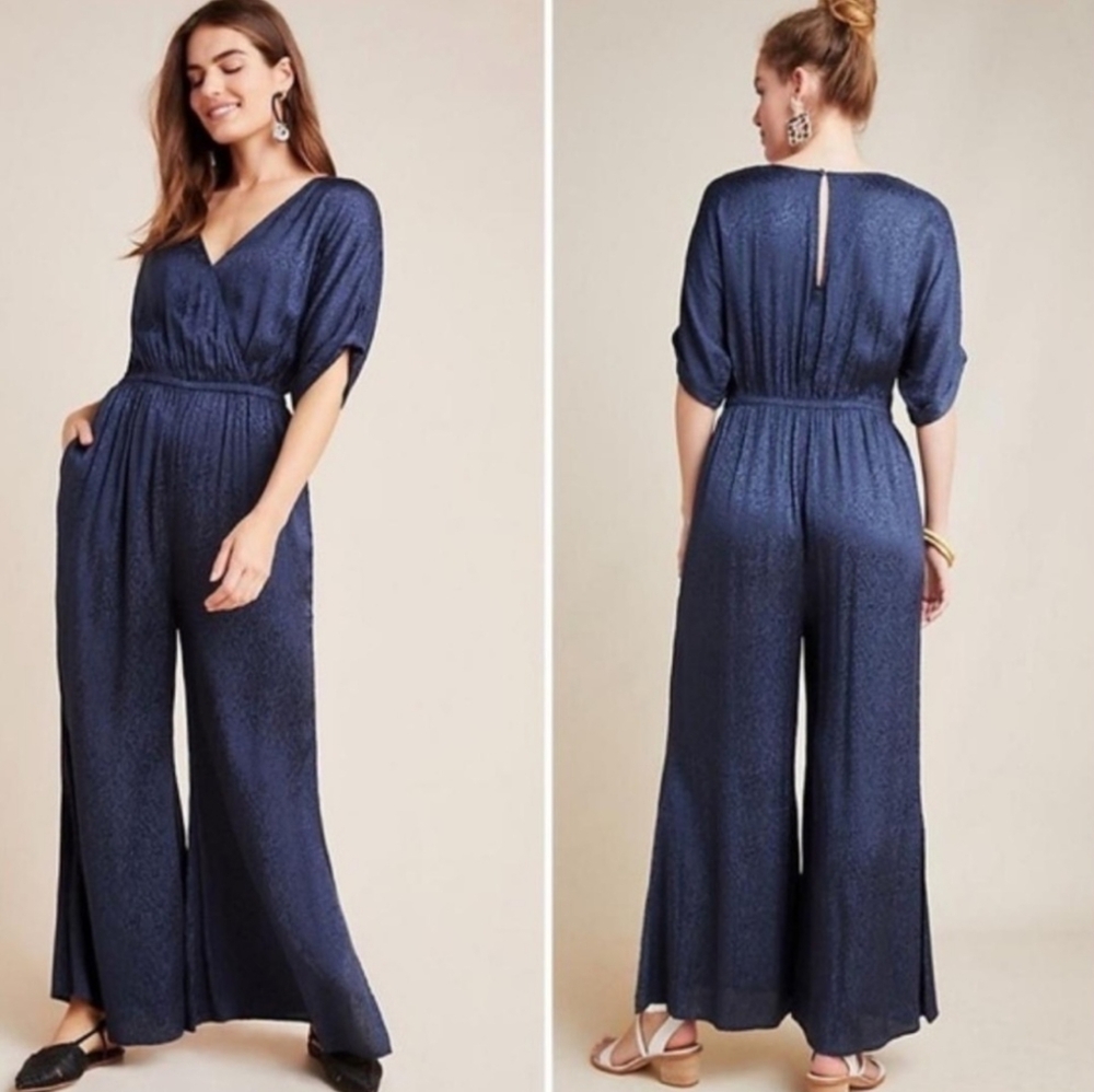 Anthropologie Maeve Navy Blue Yanna Leopard Jacquard Satin Jumpsuit XS